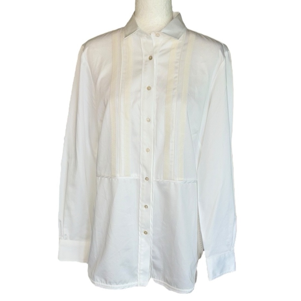 Brooks Brothers White Poplin Ivory Grosgrain Ribbon Trim Button Down Blouse - 12